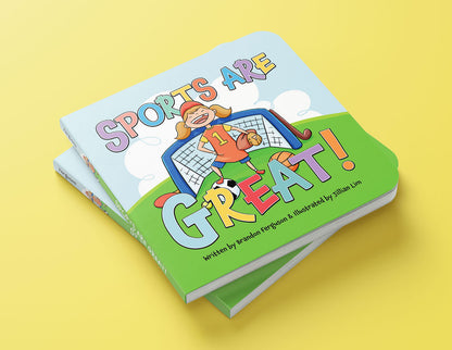 Stack of 2 'Sports Are Great!' board books featuring colorful covers with the title 'Sports Are Great!' A young girl on the cover is depicted holding sports equipment and standing in front of a soccer net.